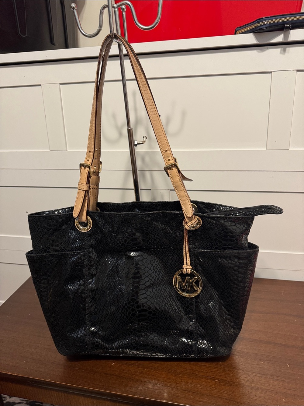 Michael Kors Black Snake-Embossed Tote with Tan Straps and Gold Charm